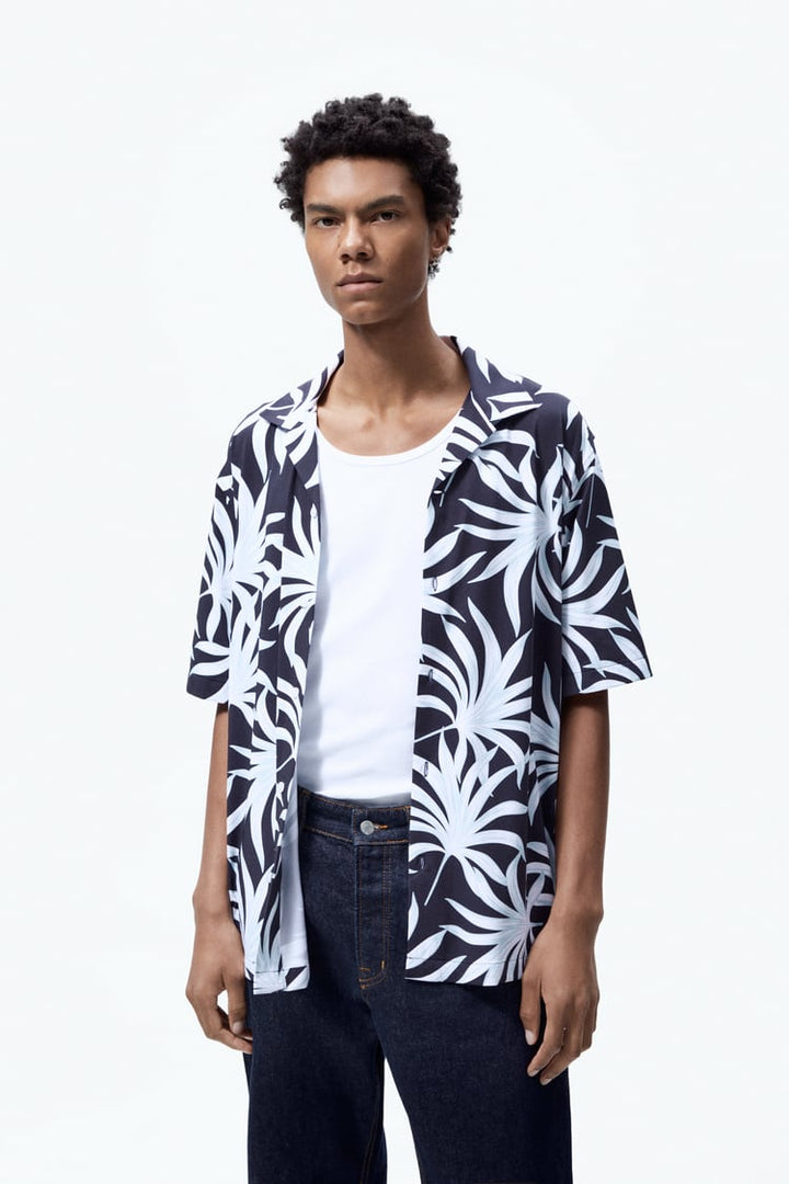 ZARA PALM TREE PRINT STRETCH SHIRT