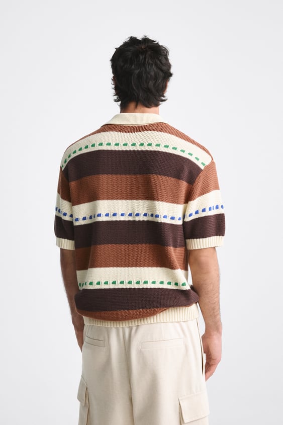 ZARA STRIPED KNIT POLO SHIRT ECRU