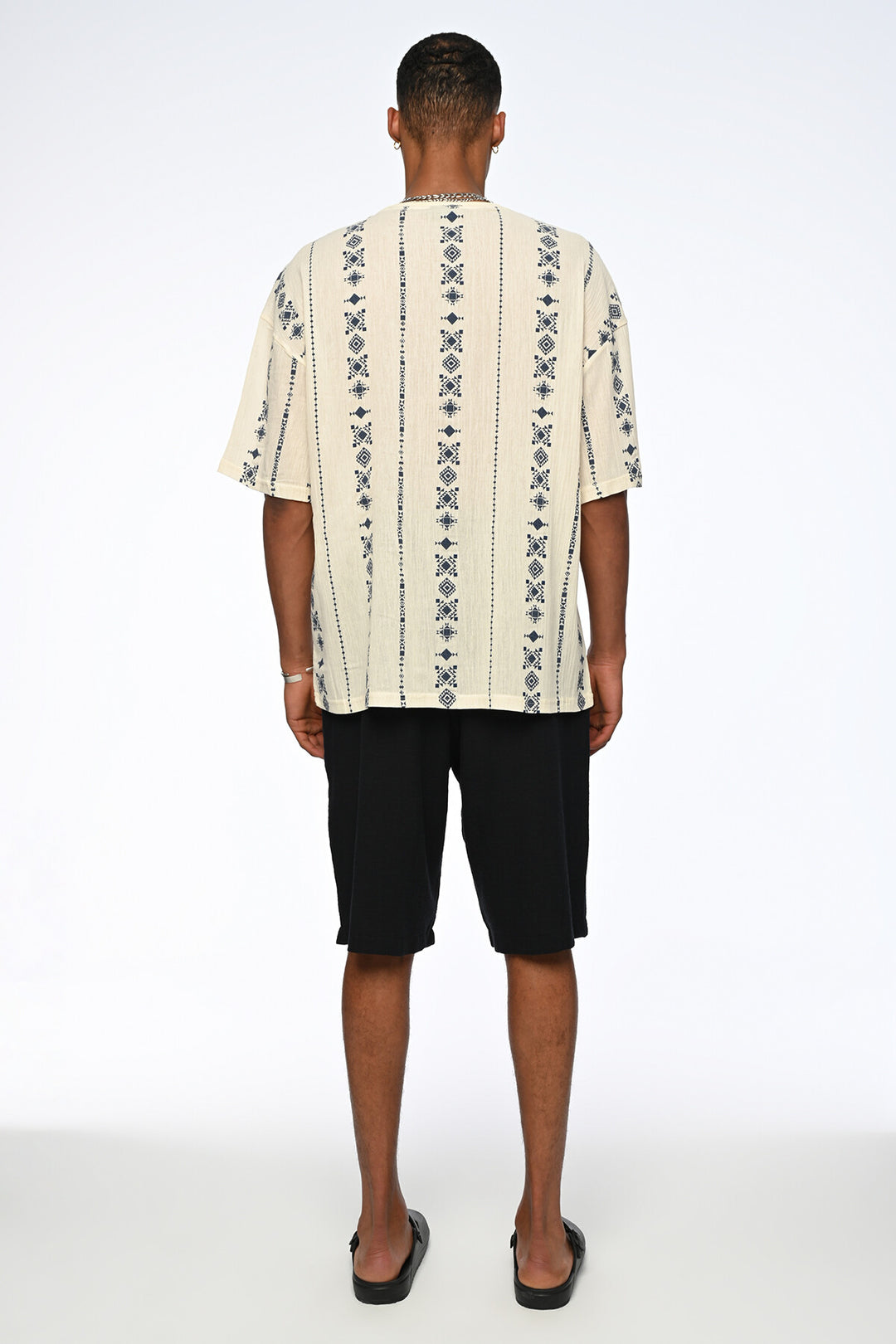 Vamos Indigo Patterned Oversized Linen T-shirt