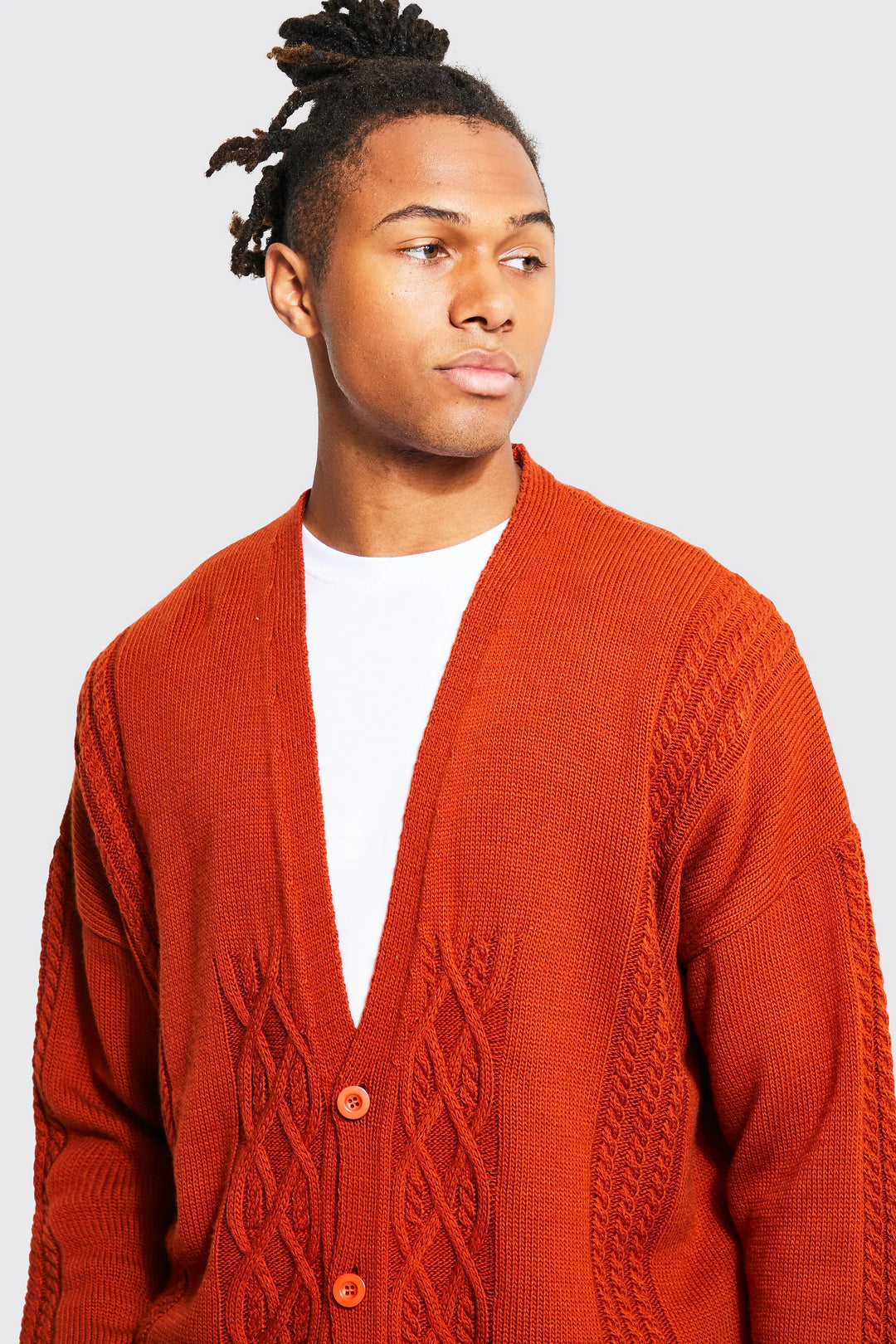 BOOHOOMAN OVERSIZED CABLE CARDIGAN IN RUST