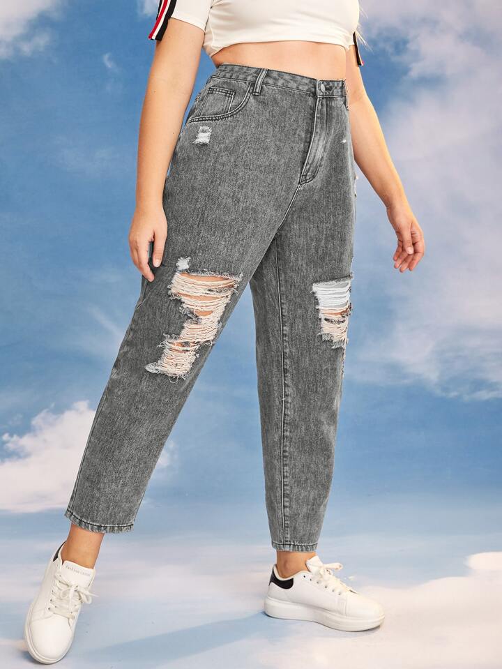 High Waist Ripped Mom Cropped Jeans