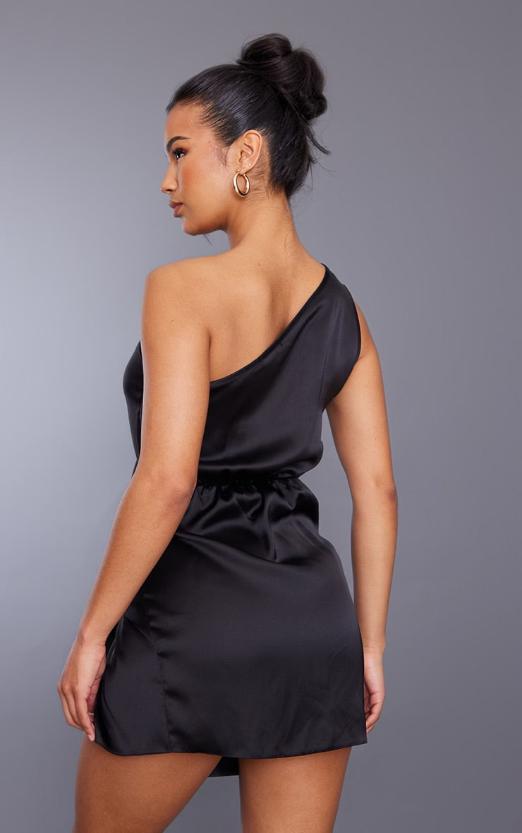 PLT Black satin knot detail one shoulder mini dress'