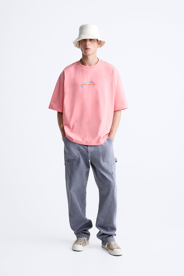 ZARA T-SHIRT WITH CONTRAST SLOGAN PINK