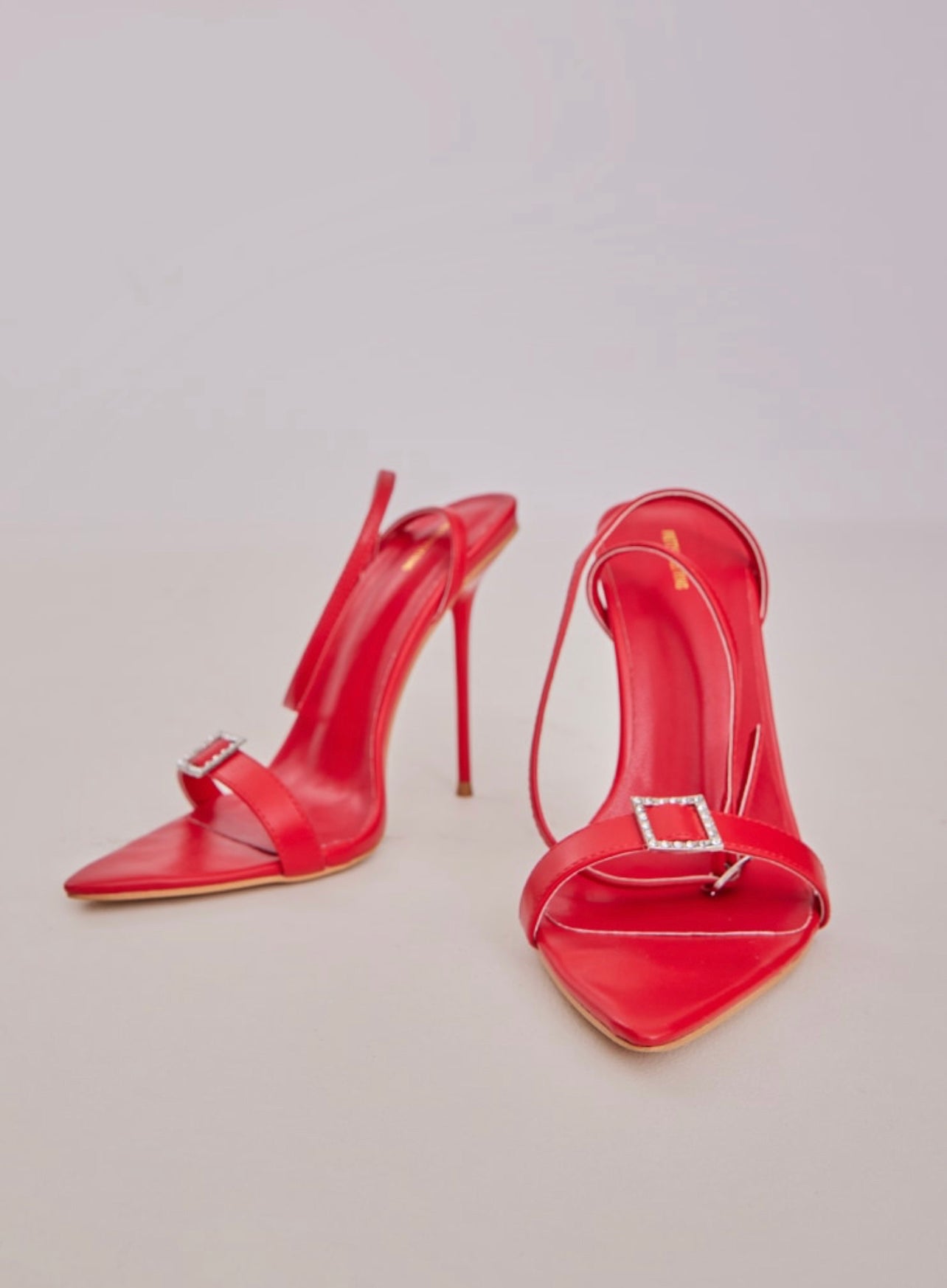 PLT Red Pu Point Toe Diamante Buckle High Heeled Sandals