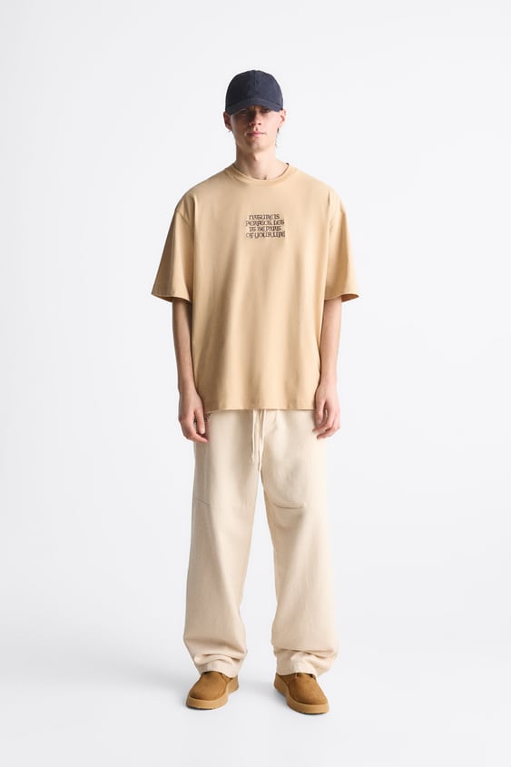 ZARA T-SHIRT WITH CONTRAST EMBROIDERY IN CAMEL