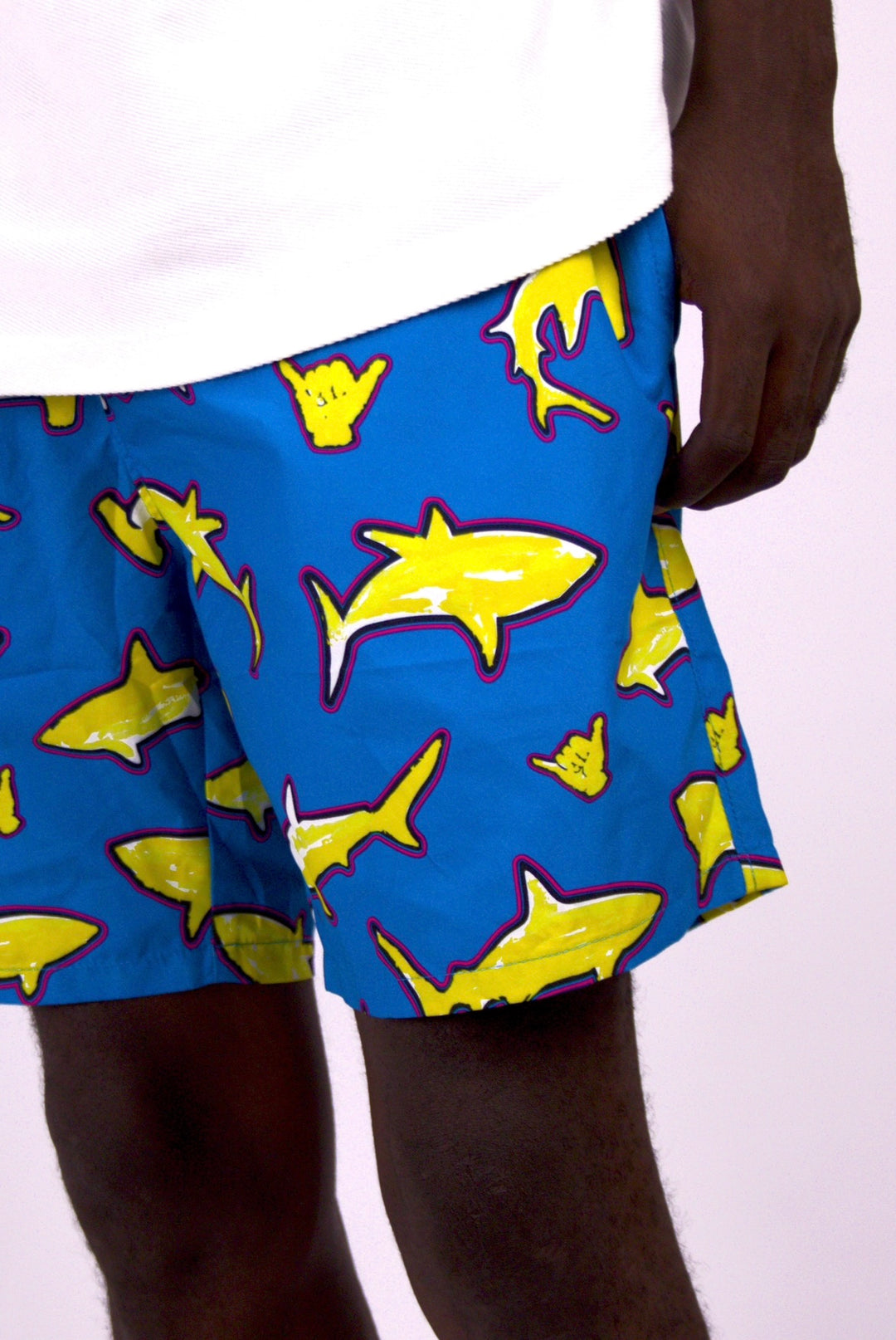 Yellow shark swim shorts