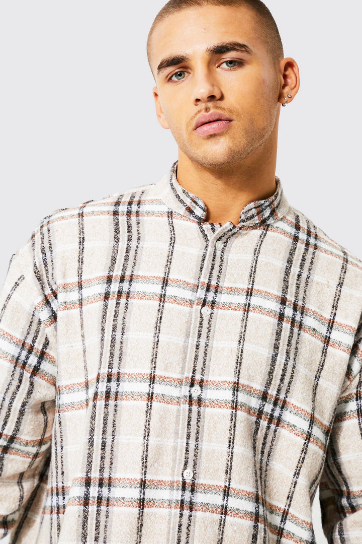 BOOHOOMAN OVERSIZED FLANNEL GRANDAD COLLAR BRUSHED CHECK SHIRT BEIGE