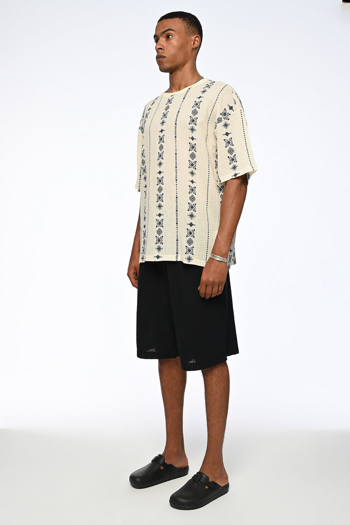 Vamos Indigo Patterned Oversized Linen T-shirt