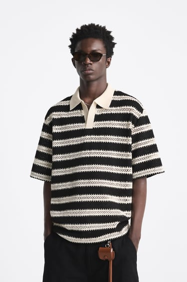 ZARA STRIPED CROCHET POLO SHIRT BLACK/WHITE