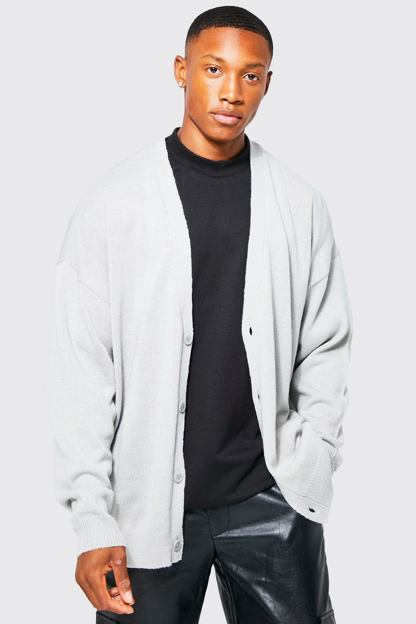 BOOHOOMAN OVERSIZED KNITTED CARDIGAN IN GREY MARL