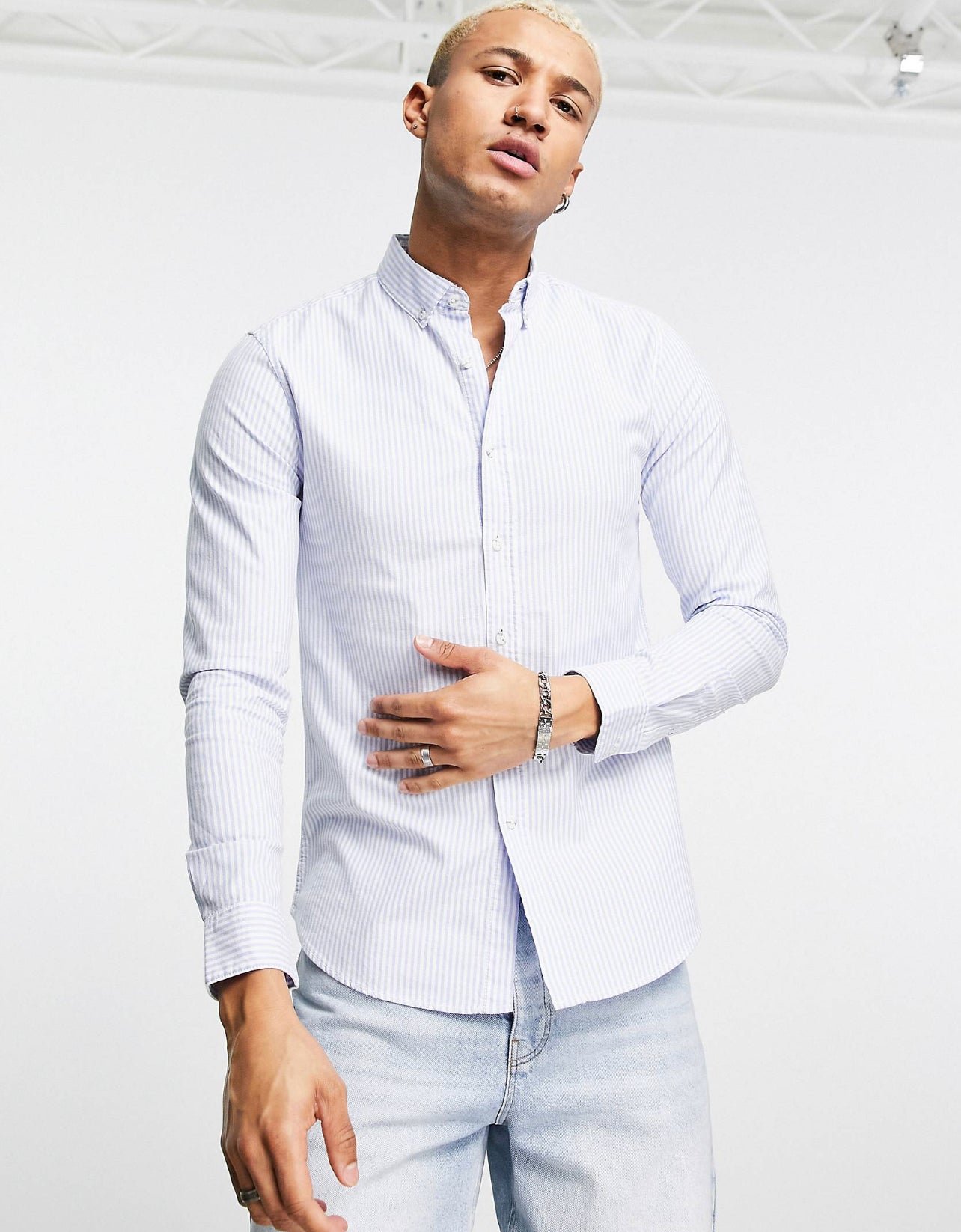 Topman long sleeve stripe oxford shirt in white and blue