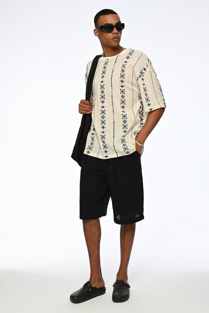 Vamos Indigo Patterned Oversized Linen T-shirt