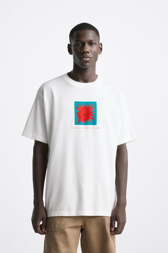 ZARA T-SHIRT WITH PRINTED GRAPHICS WHITE