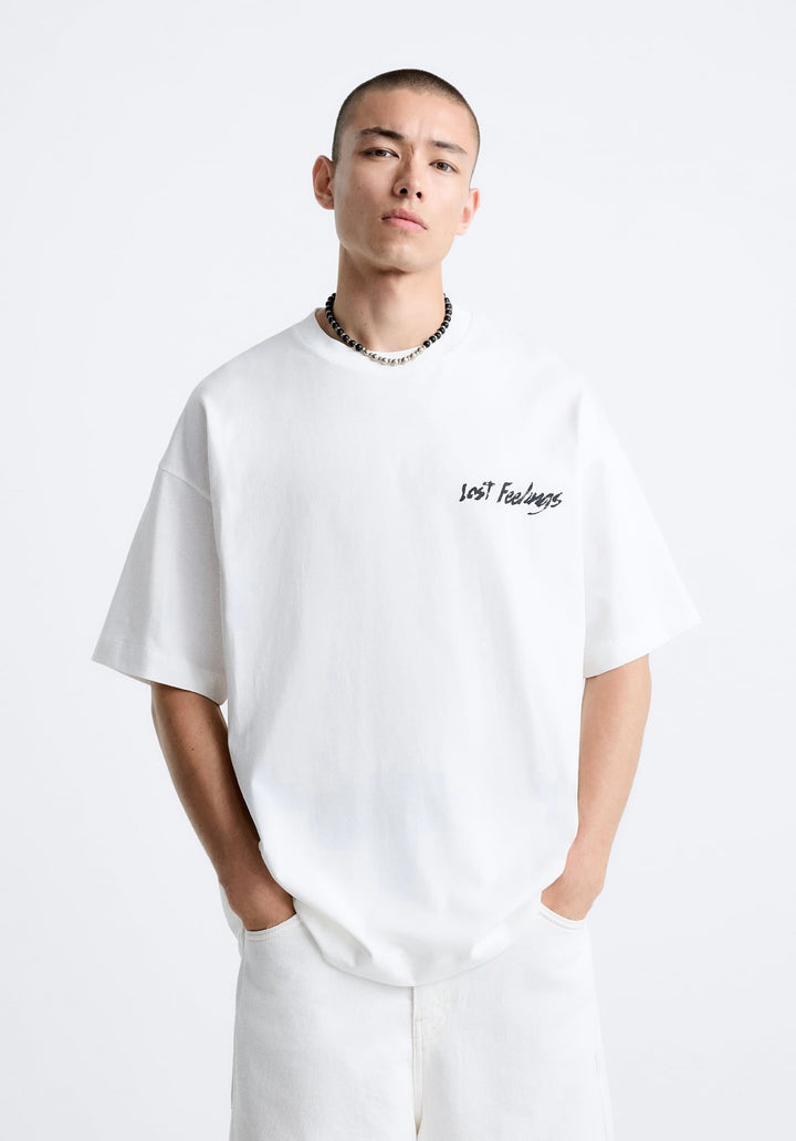 ZARA T-SHIRT WITH CONTRAST PATCH OYSTER WHITE