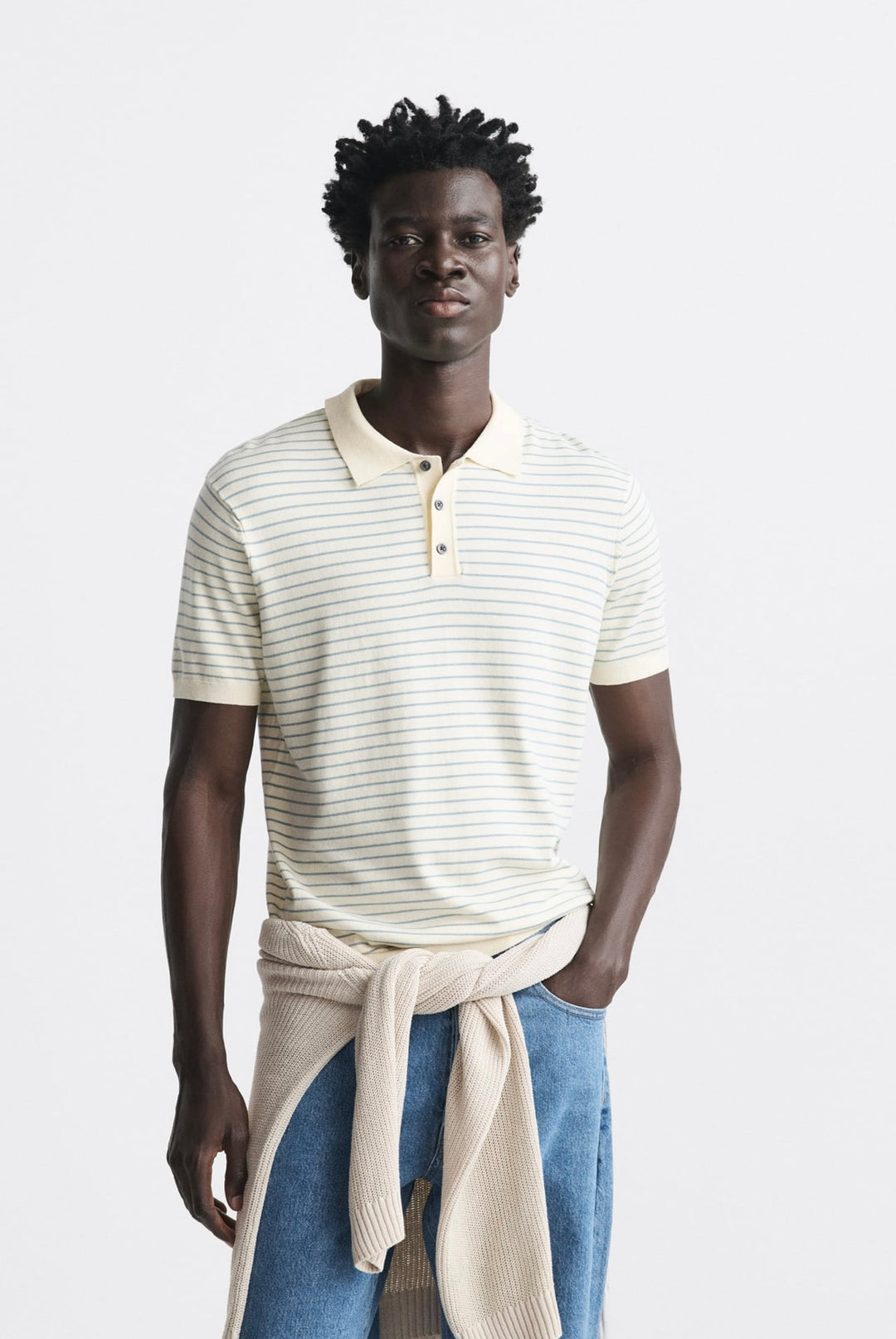 ZARA STRIPED KNIT POLO SHIRT CAMEL