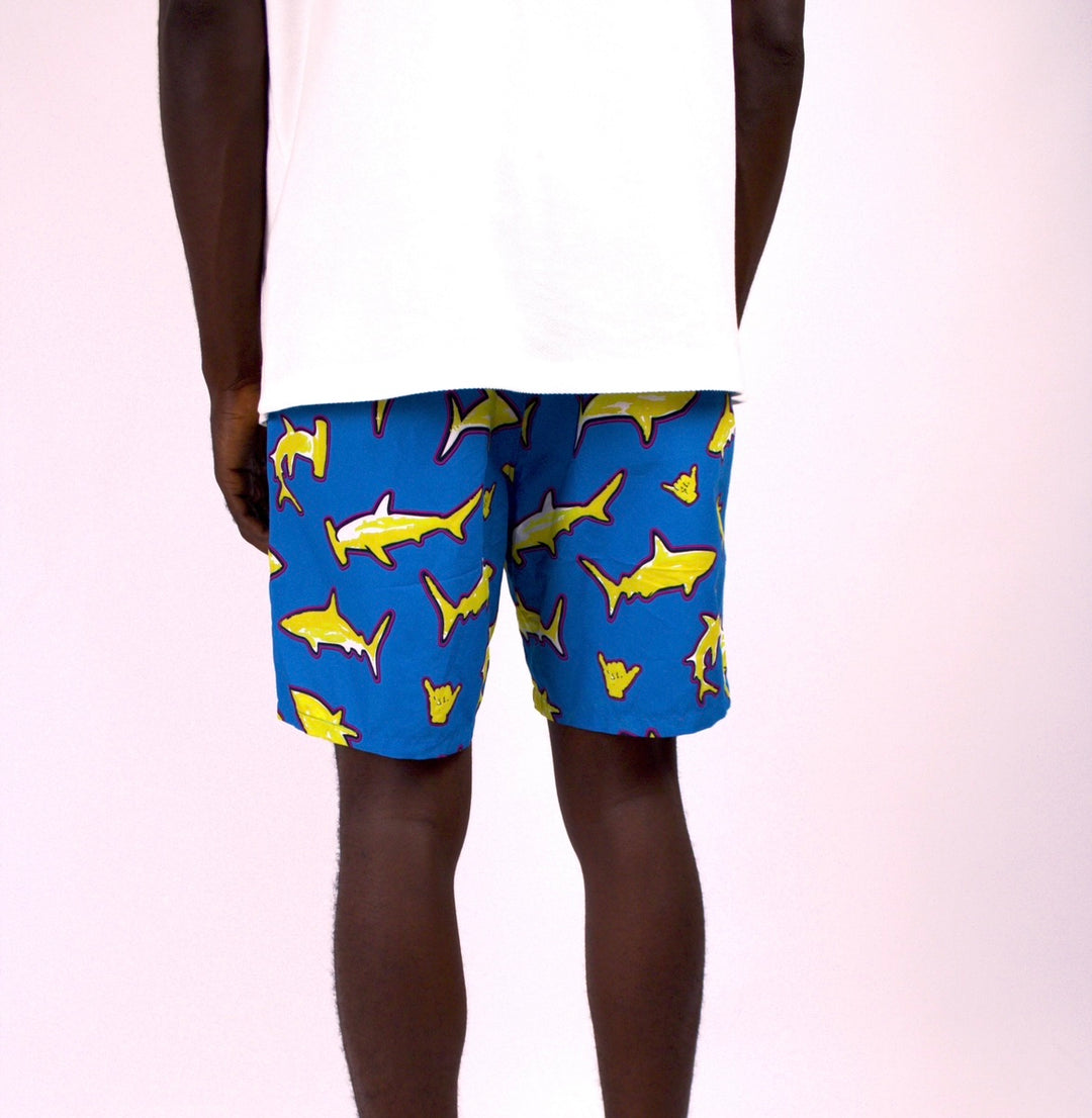 Yellow shark swim shorts