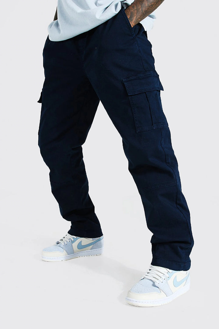 BOOHOOMAN STRAIGHT LEG GARMENT DYED TWILL CARGO TROUSER IN NAVY BLUE