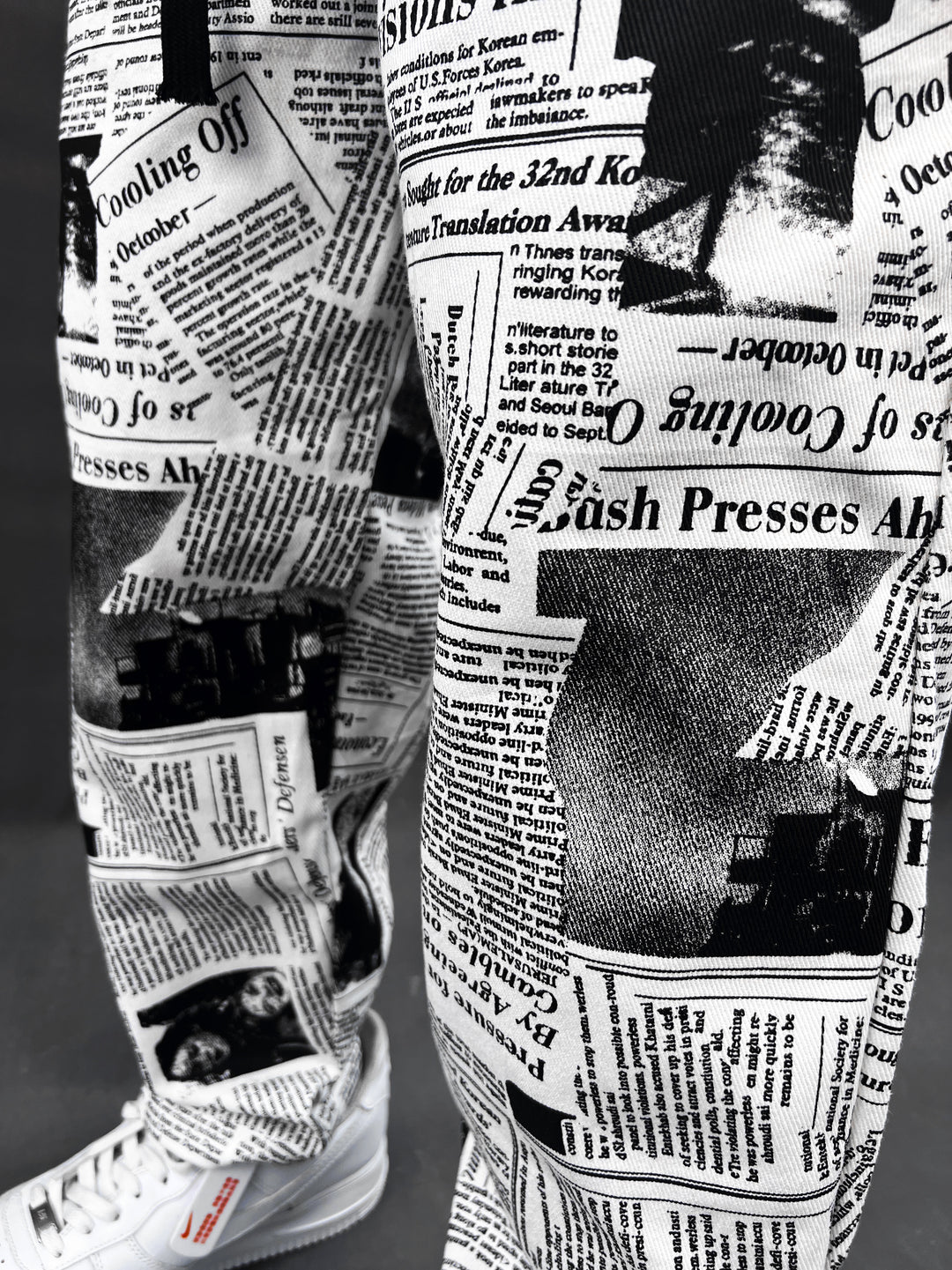 Garm island newspaper print trousers