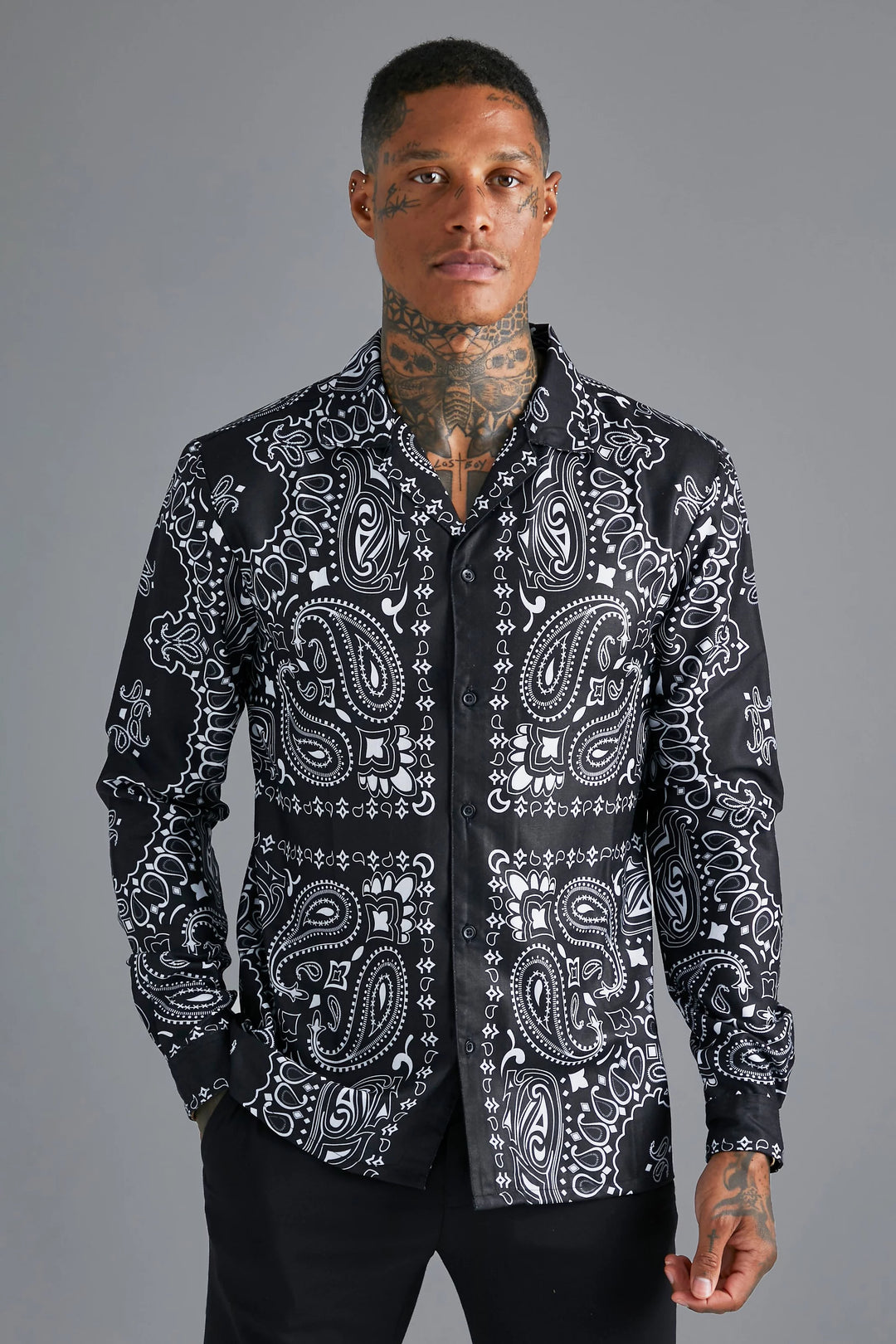 BOOHOOMAN LONG SLEEVE BANDANA SLUB SHIRT