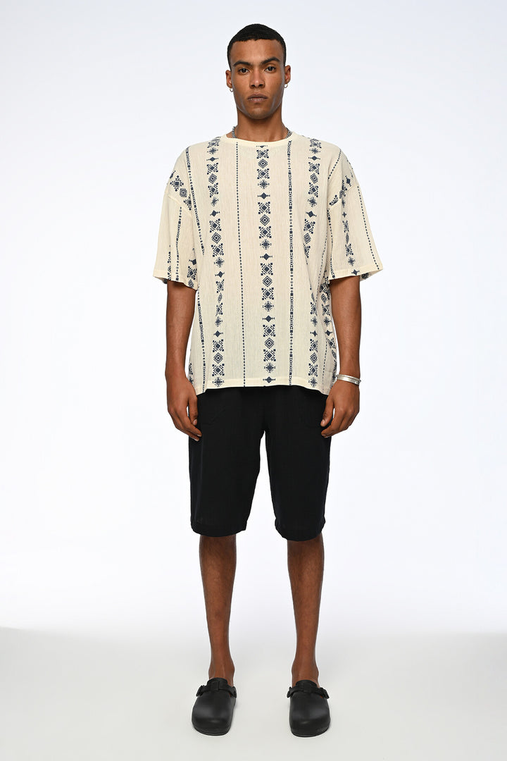 Vamos Indigo Patterned Oversized Linen T-shirt