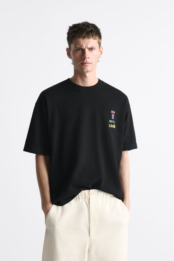 ZARA KNIT T-SHIRT WITH SLOGAN BLACK