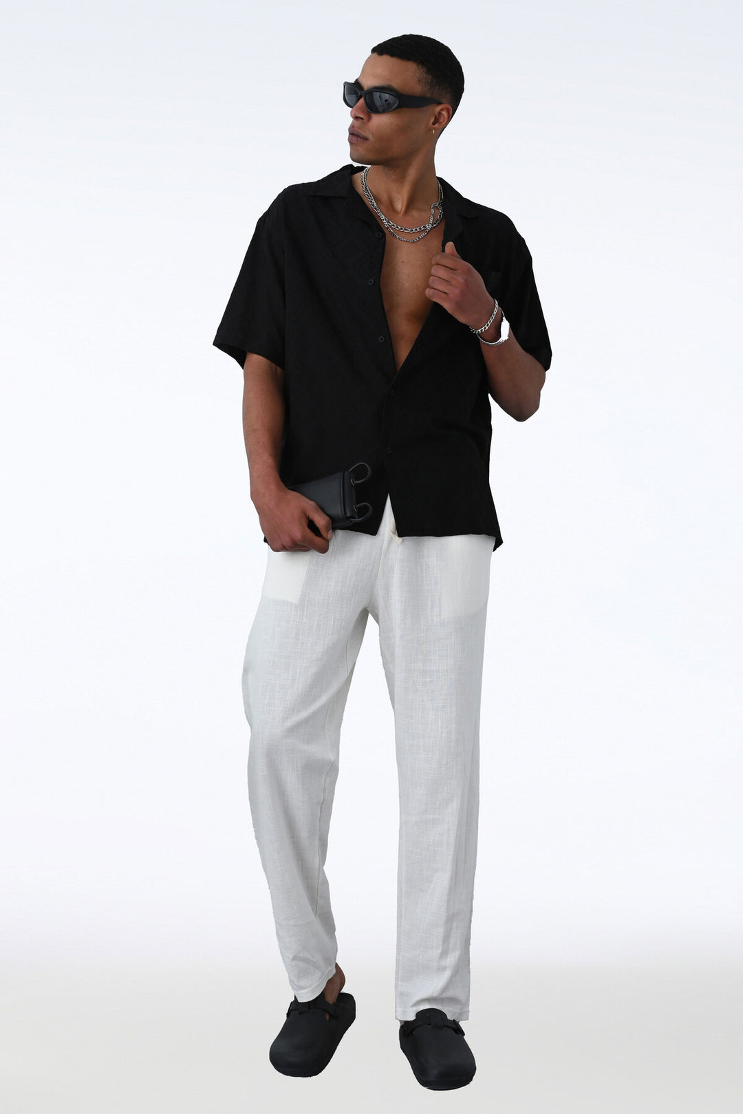 Vamos Oversized Black Short Sleeve Linen Oversize Shirt