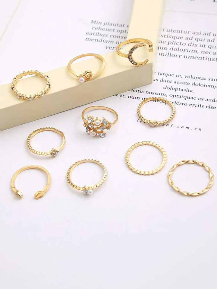 10pcs set rhinestone decor ring gold