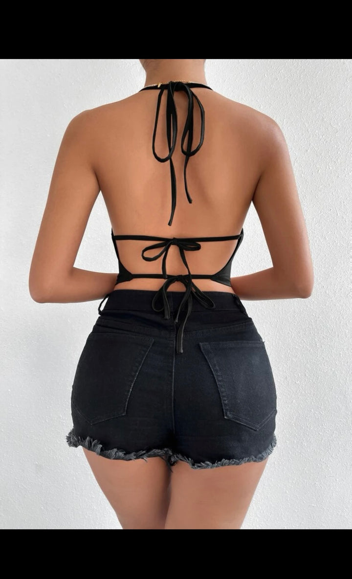 Draped Neck Tie Backless Halter Top in Black