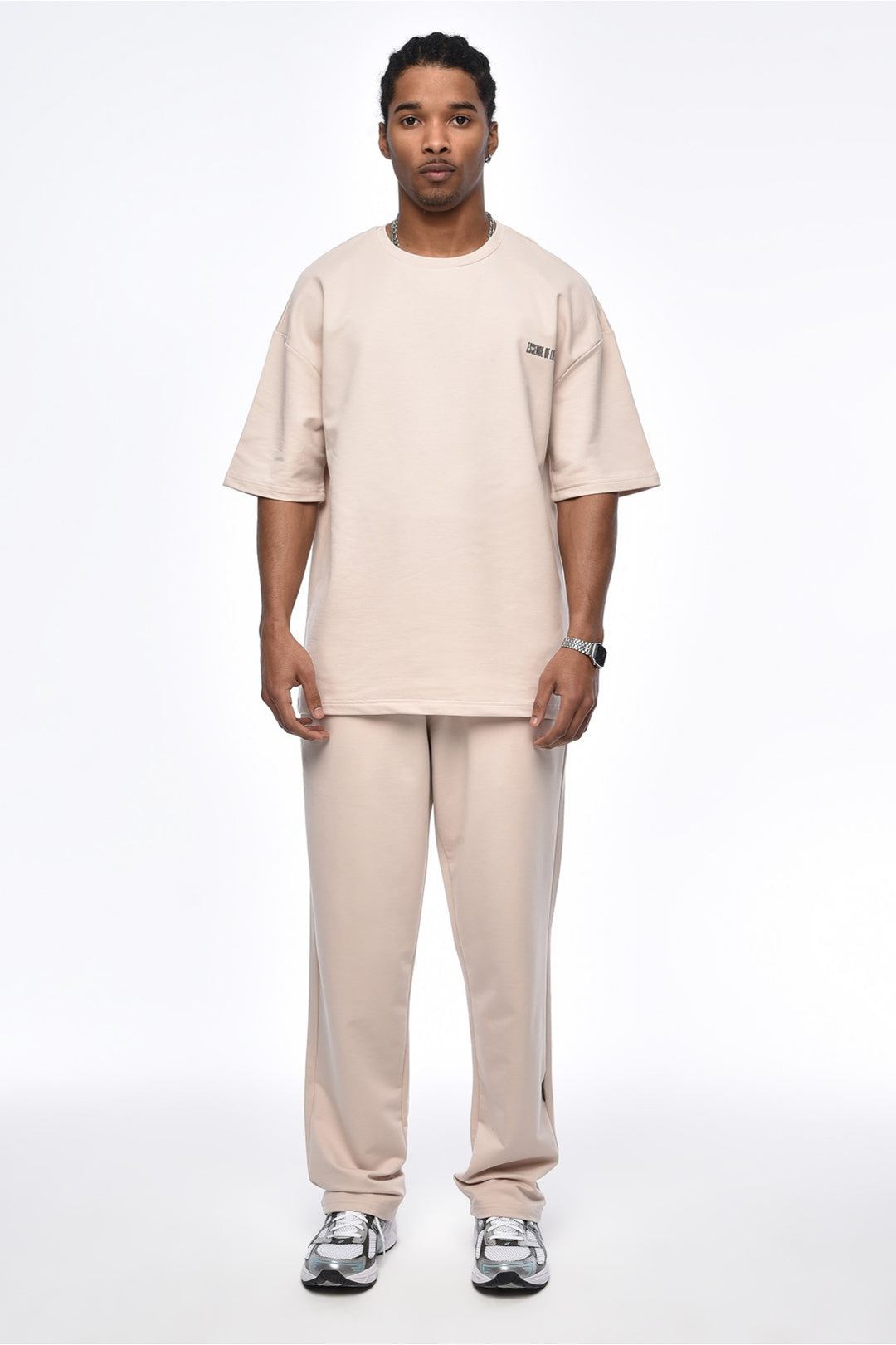 Vamos Essence Of Life Basic Oversize T-shirt & Trouser Set in Beige