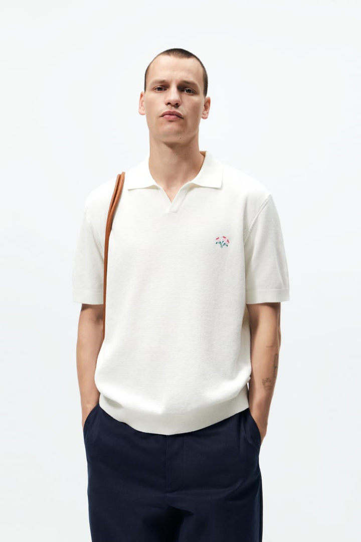 Zara embroidered knit polo shirt in oyster white