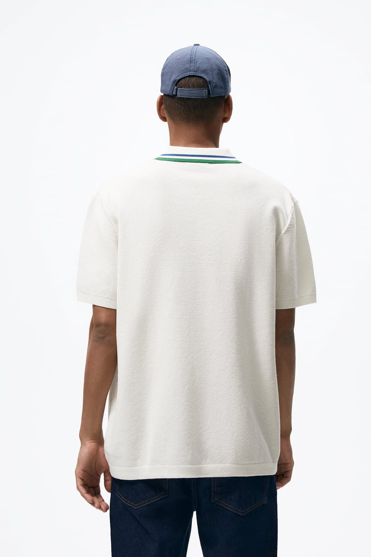 Zara contrast knit polo shirt with collar detail oyster white