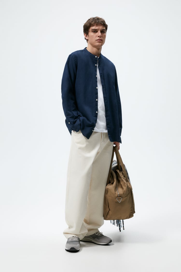 ZARA TEXTURED LINEN - COTTON SHIRT IN NAVY BLUE