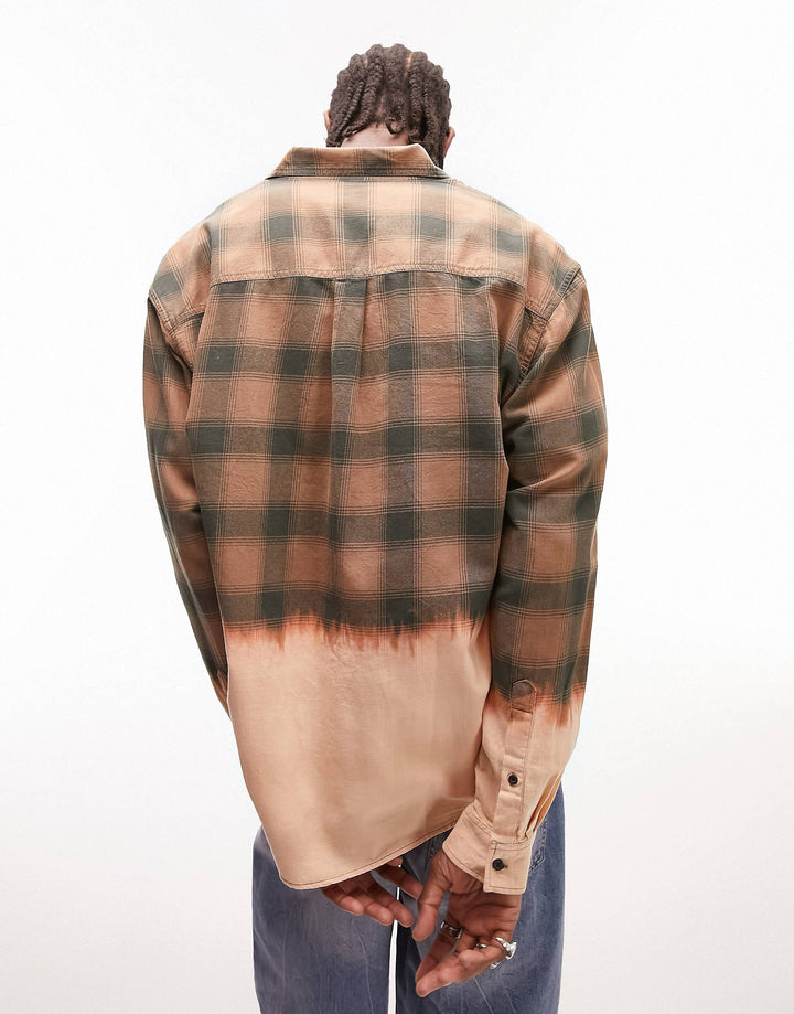 Topman bleached check shirt in brown