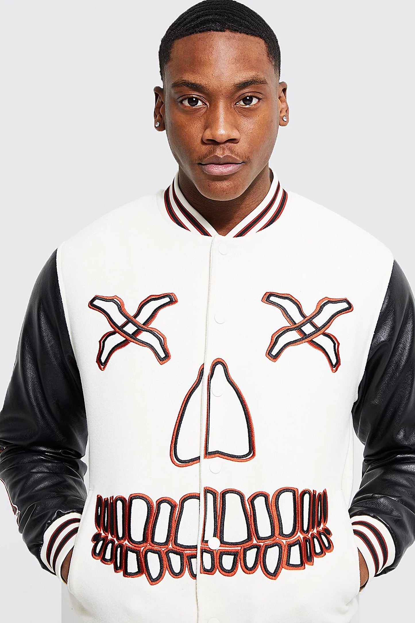 BOOHOOMAN SCARECROW FACE VARSITY JACKET IN BLACK Garmisland