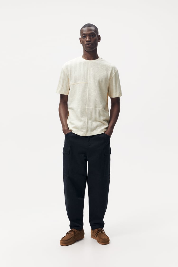 ZARA TEXTURED PATCHWORK T-SHIRT IN NEUTRAL