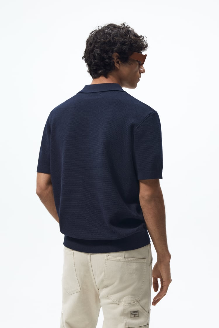 ZARA EMBROIDERED KNIT POLO SHIRT IN NAVY