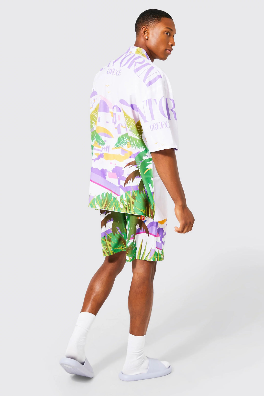 BOOHOOMAN OVERSIZED BOXY SLUB PALM SHIRT AND SHORTS