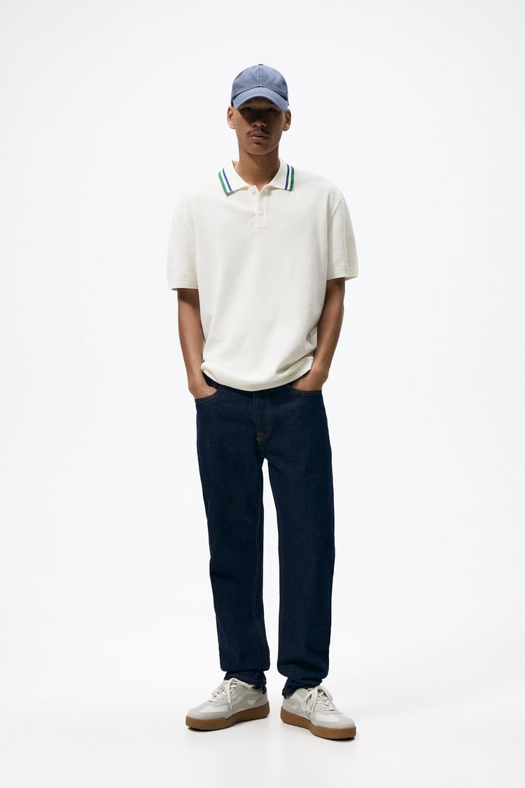 Zara contrast knit polo shirt with collar detail oyster white