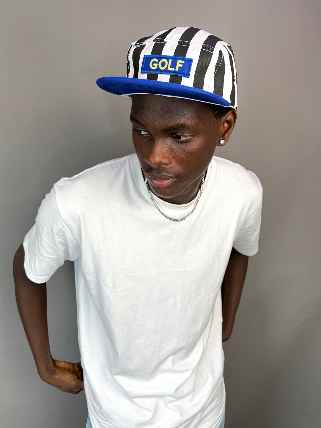 Golf Striped 5 panel Cap in Blue/White