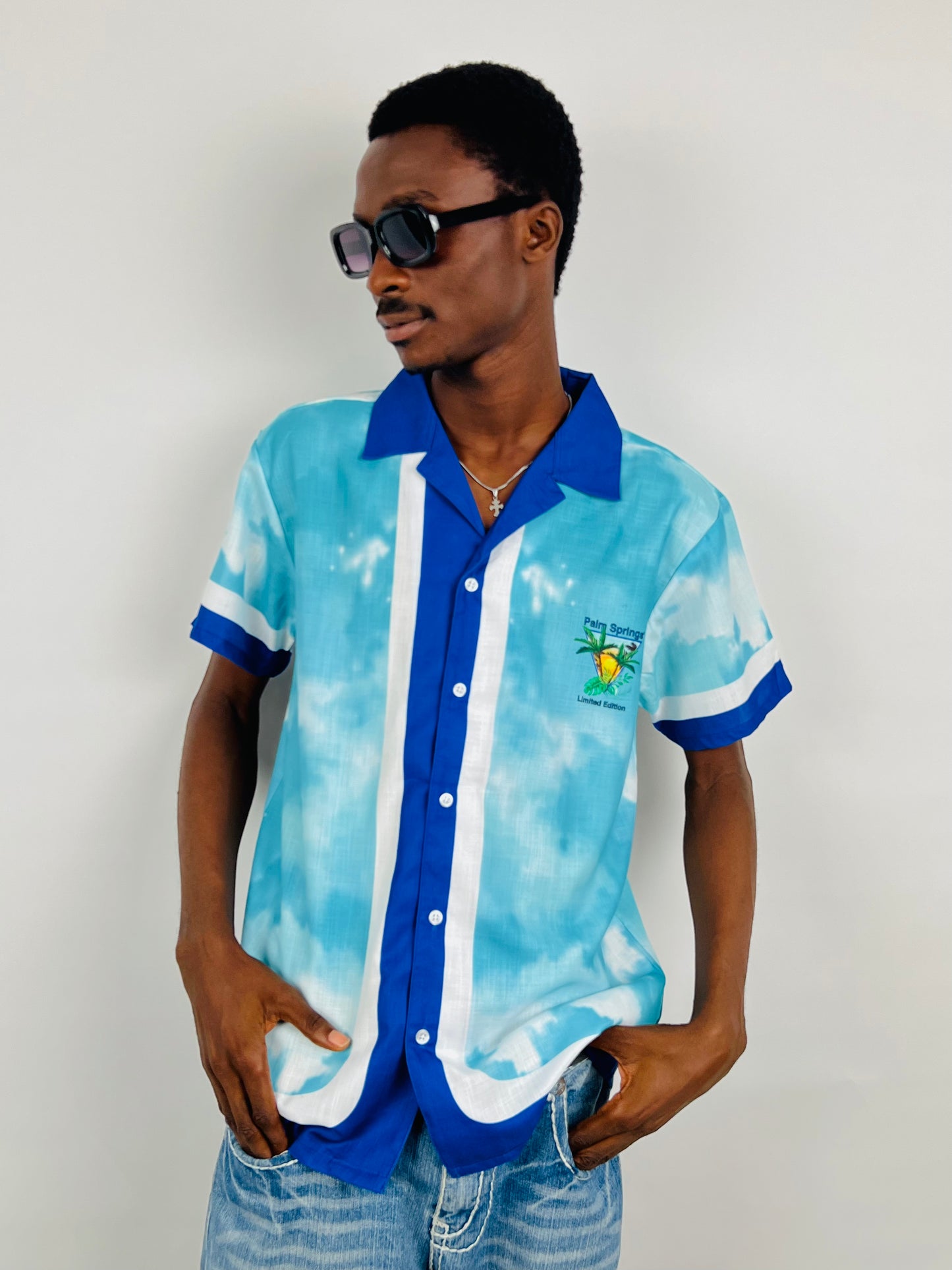 BOOHOOMAN BOXY PALM REVERE SHIRT IN BLUE