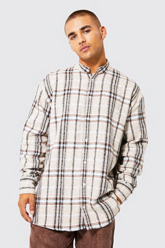 BOOHOOMAN OVERSIZED FLANNEL GRANDAD COLLAR BRUSHED CHECK SHIRT BEIGE