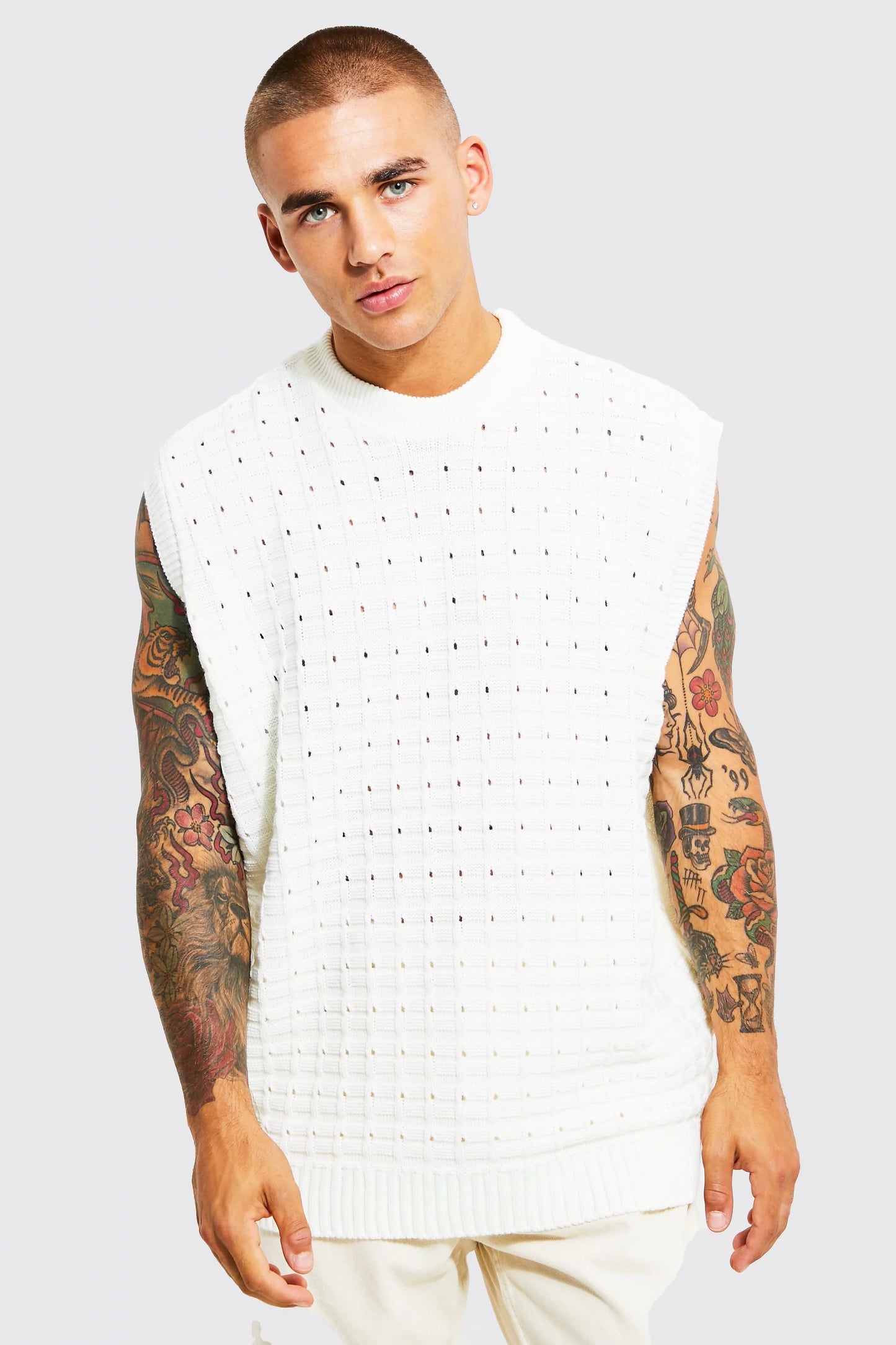 BOOHOOMAN OVERSIZED OPEN STITCH KNITTED VEST