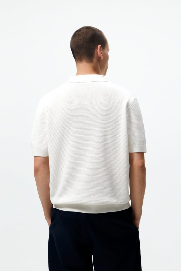 Zara embroidered knit polo shirt in oyster white