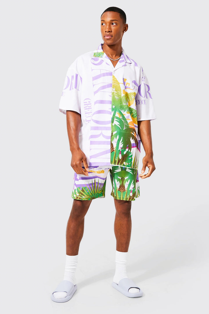 BOOHOOMAN OVERSIZED BOXY SLUB PALM SHIRT AND SHORTS