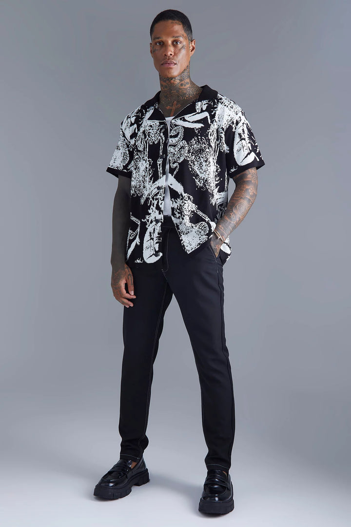 BOOHOOMAN GRAFFITI SKELETON KNITTED RELAXED SHIRT IN BLACK