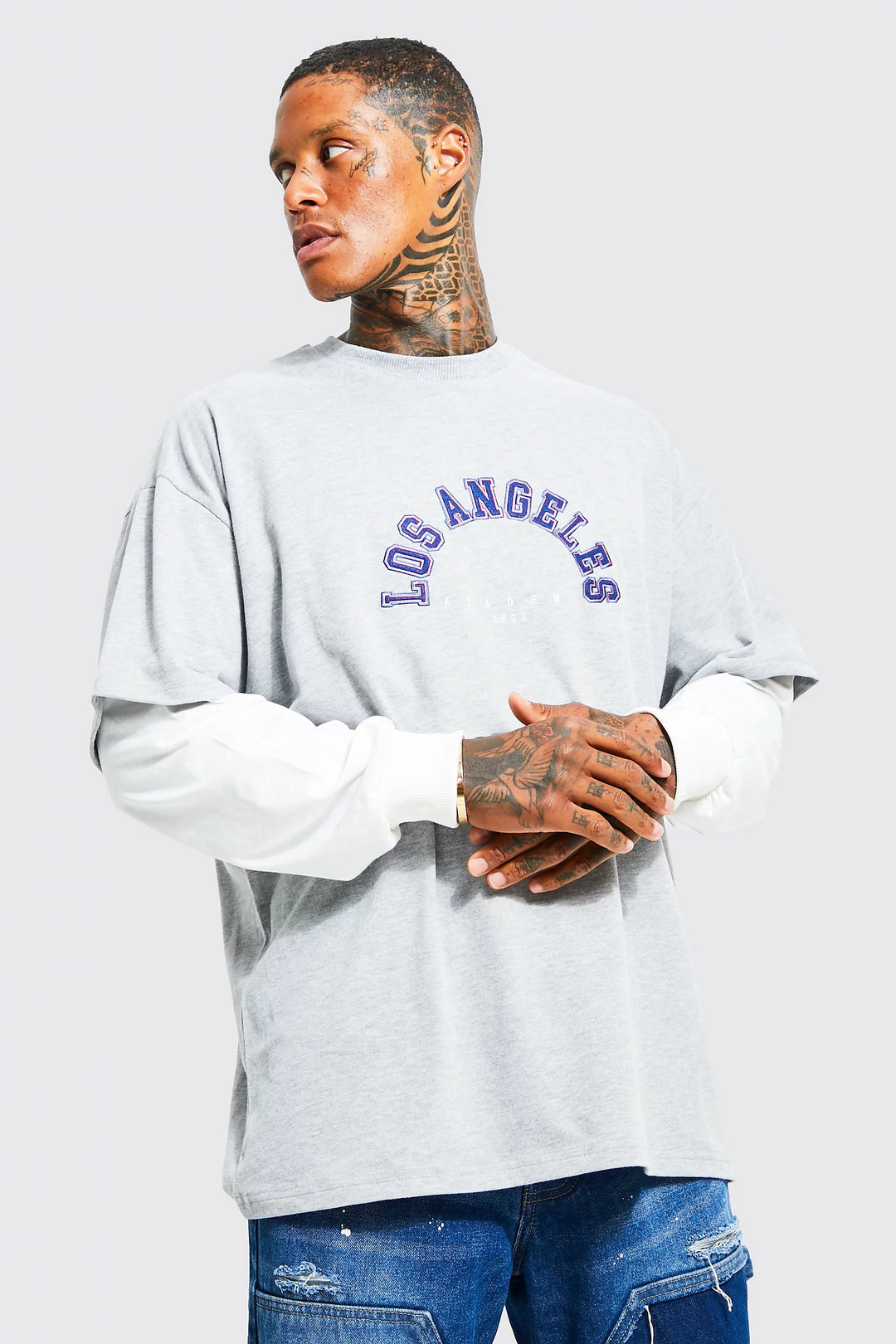 BOOHOOMAN OVERSIZED FAUX LAYER LA GRAPHIC T-SHIRT IN GREY MARL