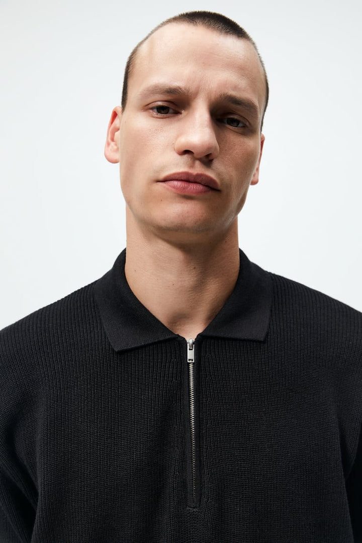 Zara zippered knit polo in black