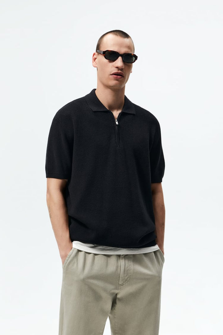 Zara zippered knit polo in black