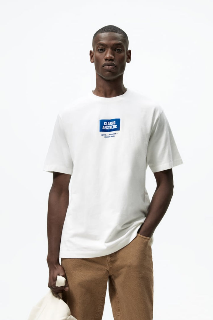 Zara t-shirt with contrast patch in oyster white