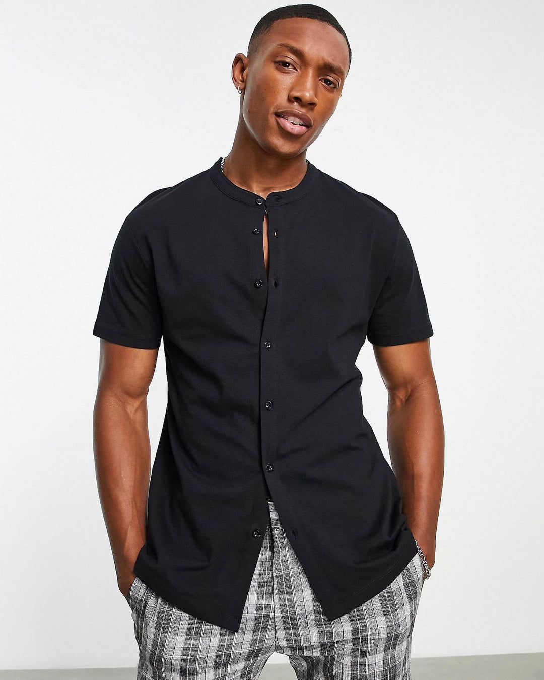 Tom Tailor muscle jersey shirt with grandad collar in black